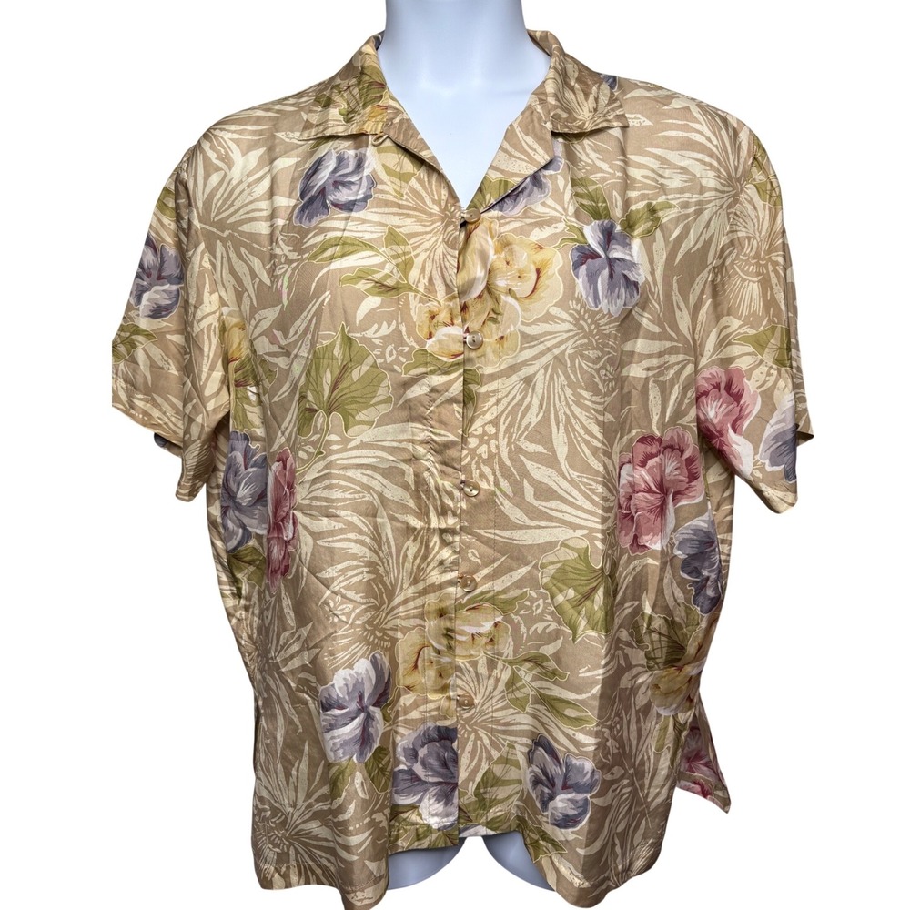 VTG 90s STUNT Womens Tan Floral 100% Silk Short Sleeve Button Up Shirt 1X Camp